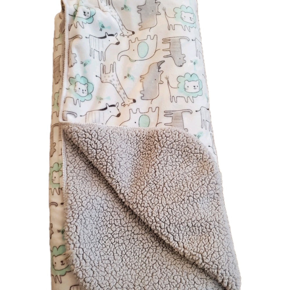 Just‎ Born Baby Blanket White Gray Sherpa Animals Jungle Zoo 30x40 Elephant Lion